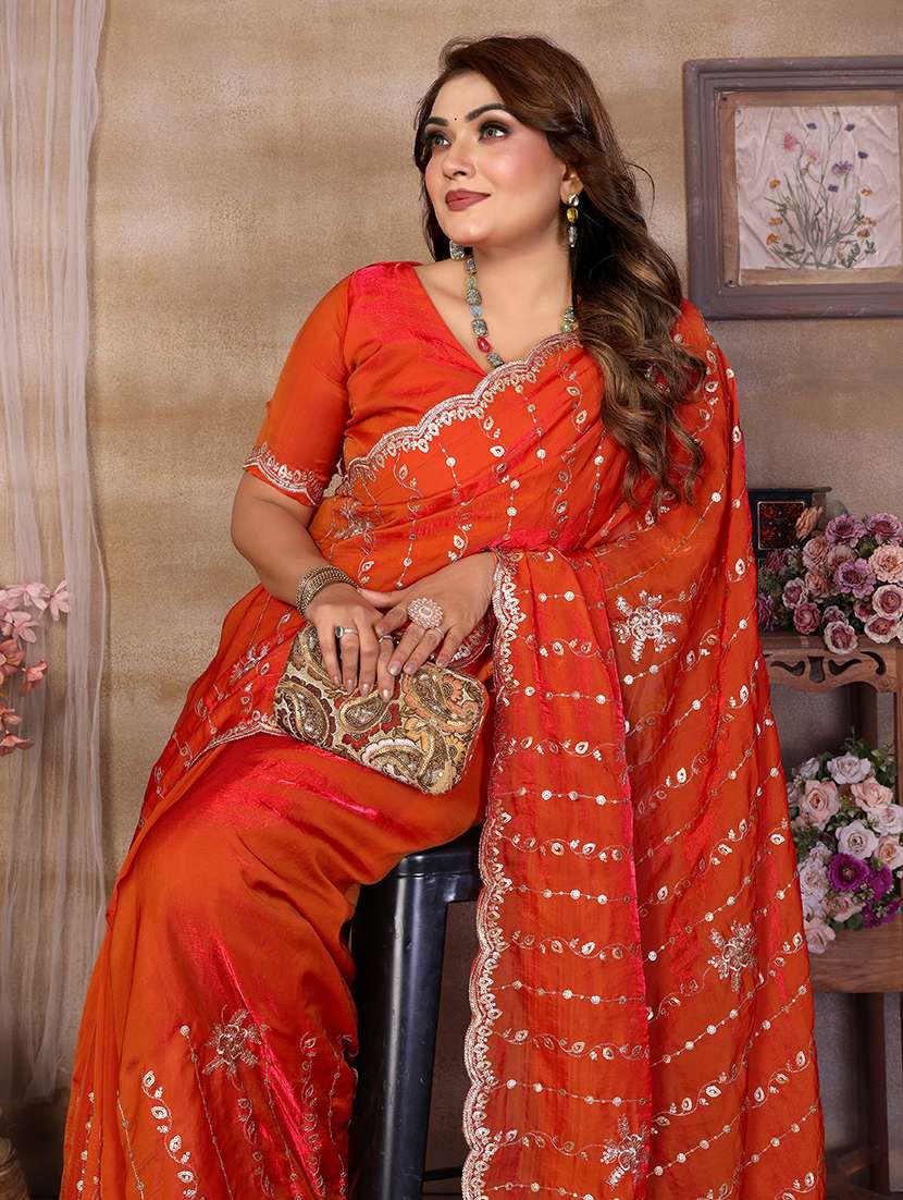 Women Solid With Work Embroidered Saree With Blouse - 22720638 -  Standard Image - 2