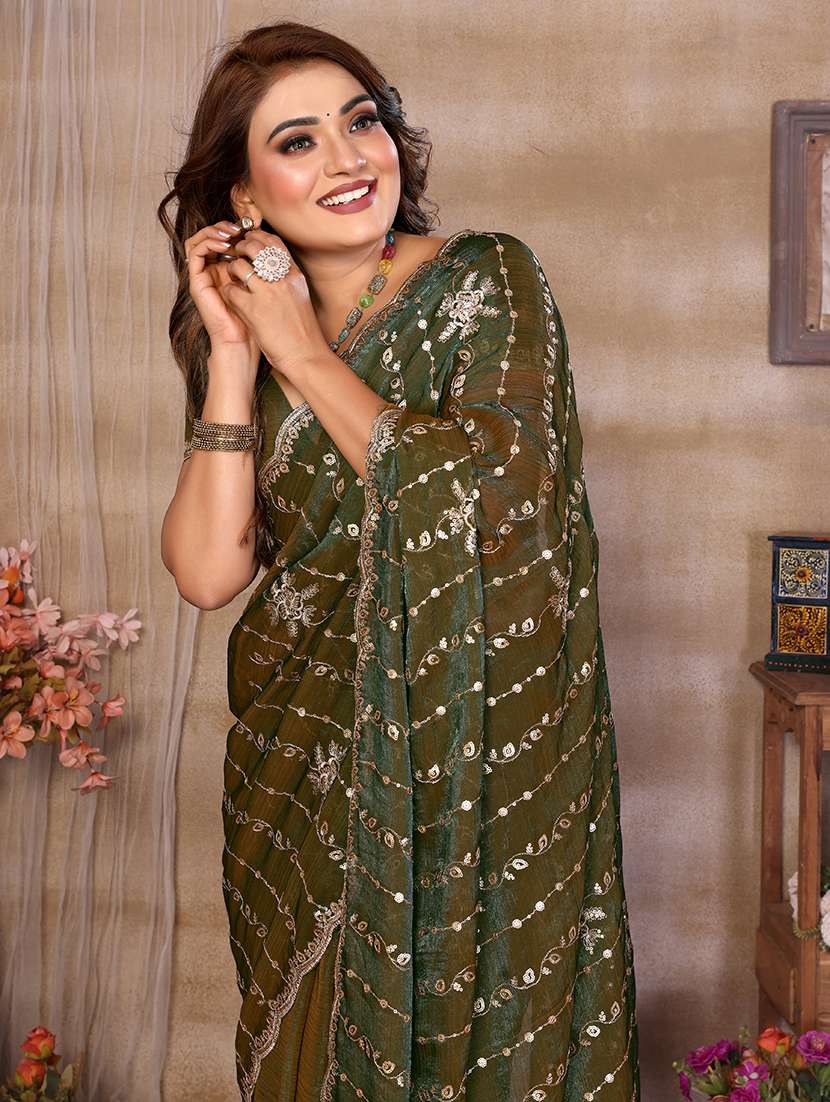Women Solid With Work Embroidered Saree With Blouse - 22720639 -  Standard Image - 2