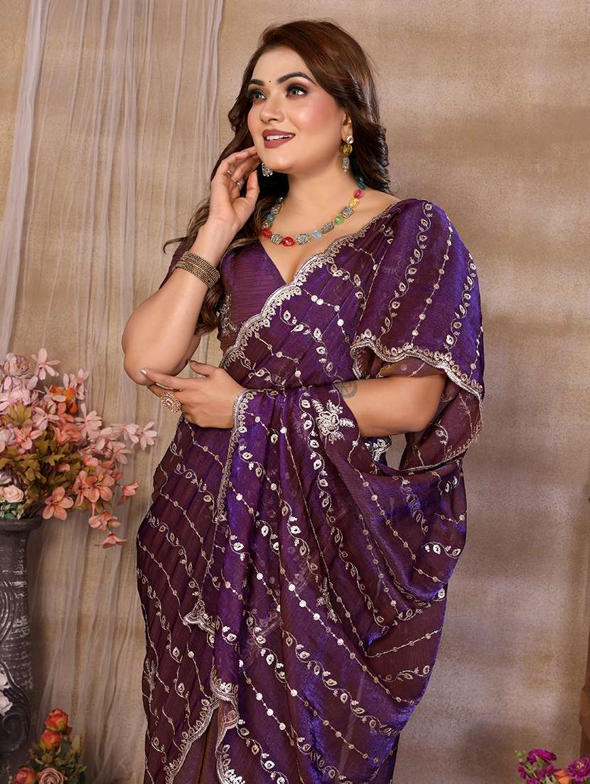 Women Solid With Work Embroidered Saree With Blouse - 22720641 -  Standard Image - 2