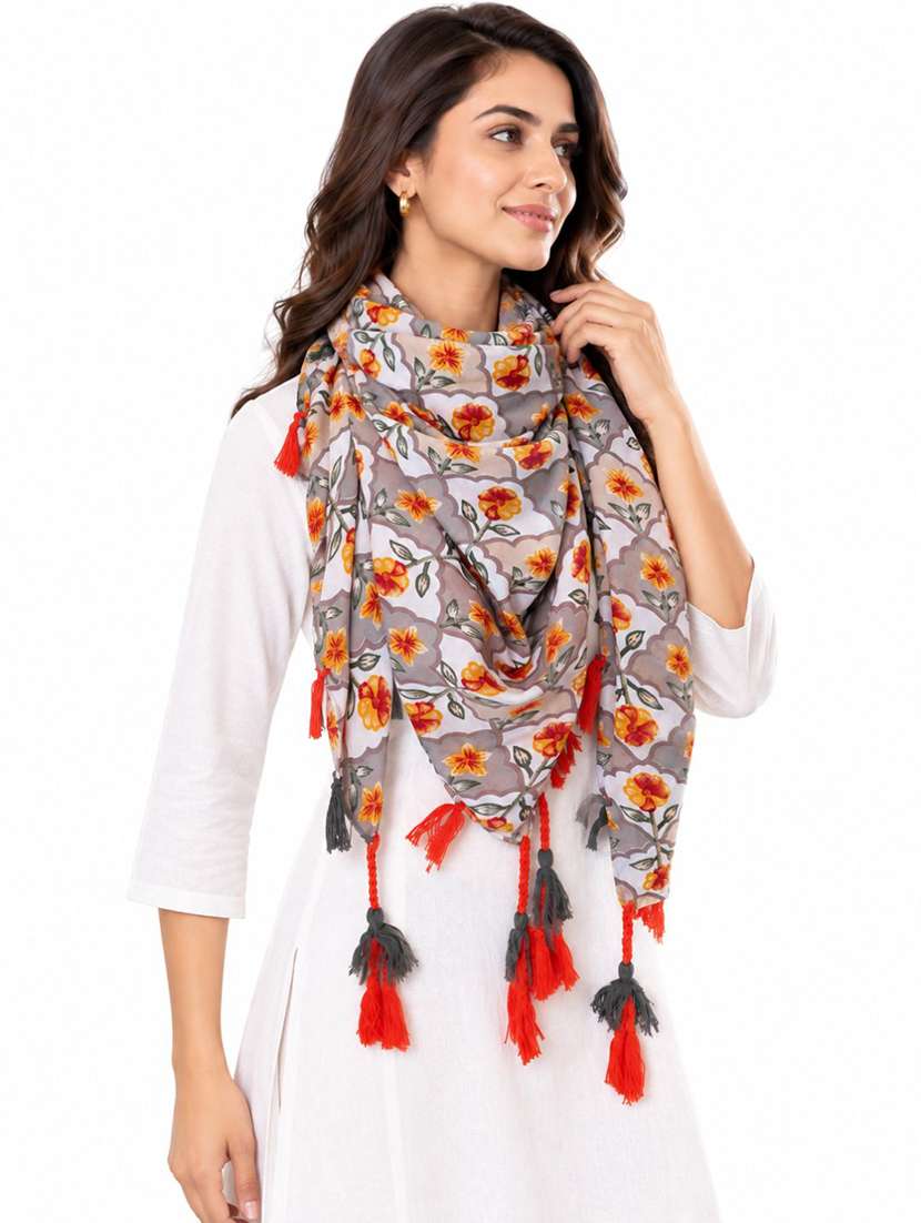 Women Pack Of 2 Floral Printed Scarf With Tassels - 22720967 -  Standard Image - 2