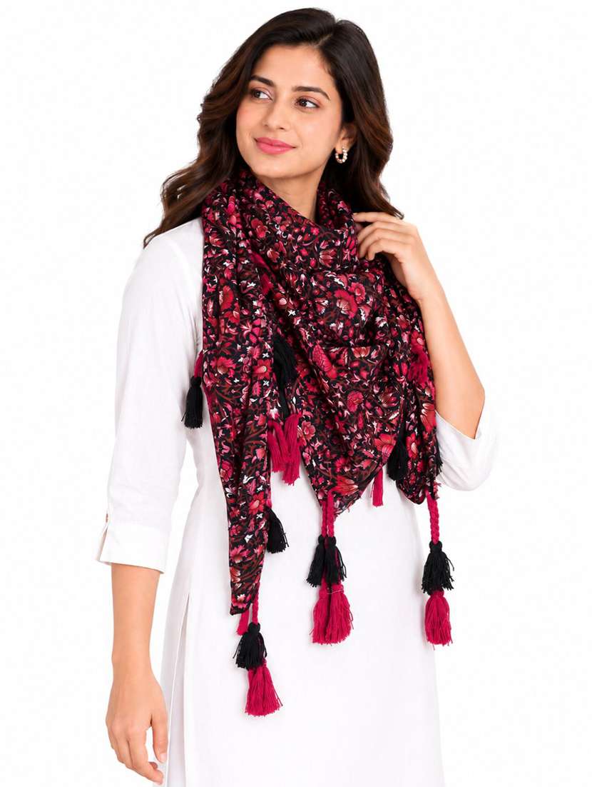 Women Pack Of 4 Floral Printed Scarf With Tassels - 22720989 -  Standard Image - 2