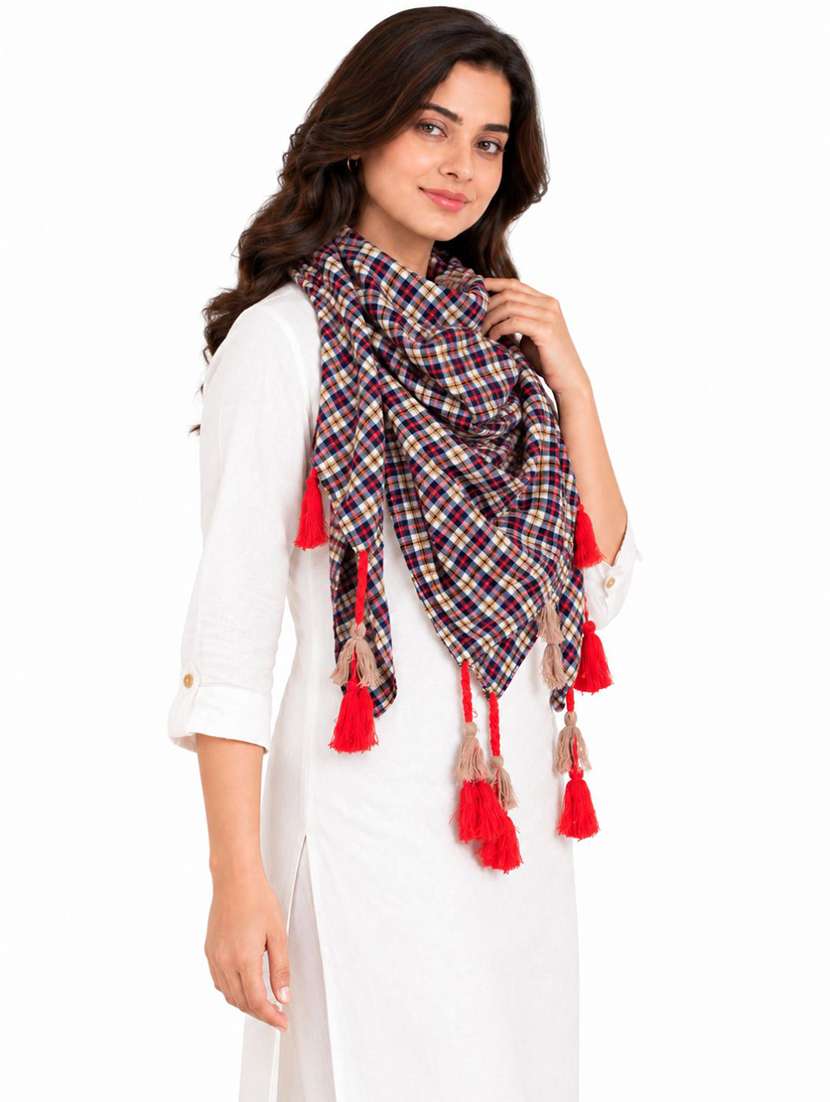 Women Pack Of 3 Checkered Scarf With Tassels - 22720993 -  Standard Image - 2