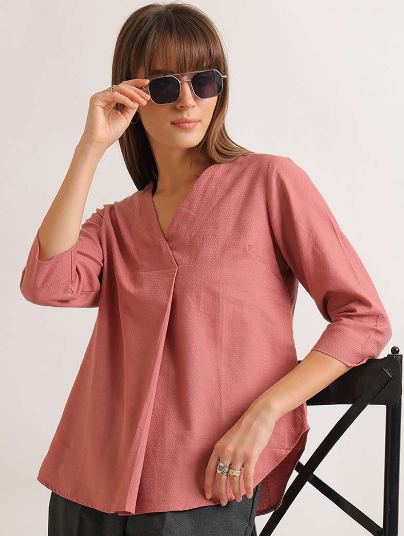 women solid three quarter sleeves regular top