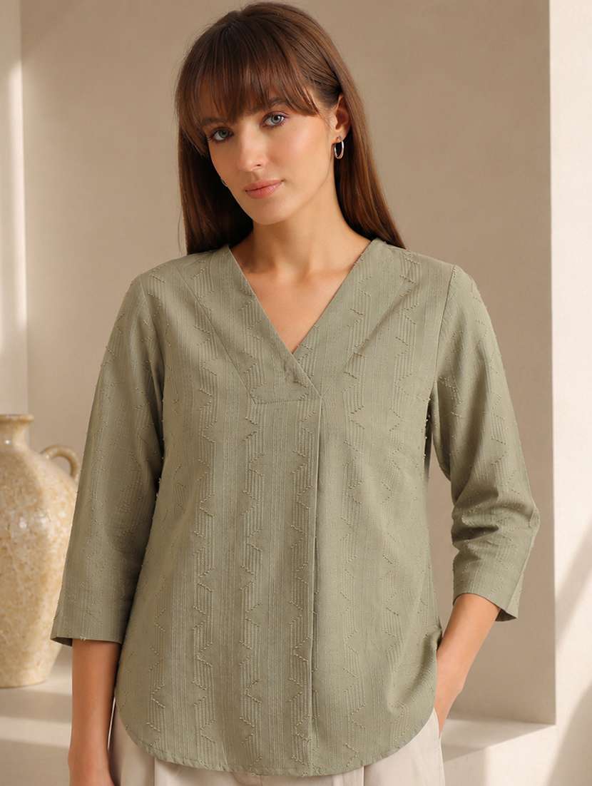 women self design three quarter sleeves regular top