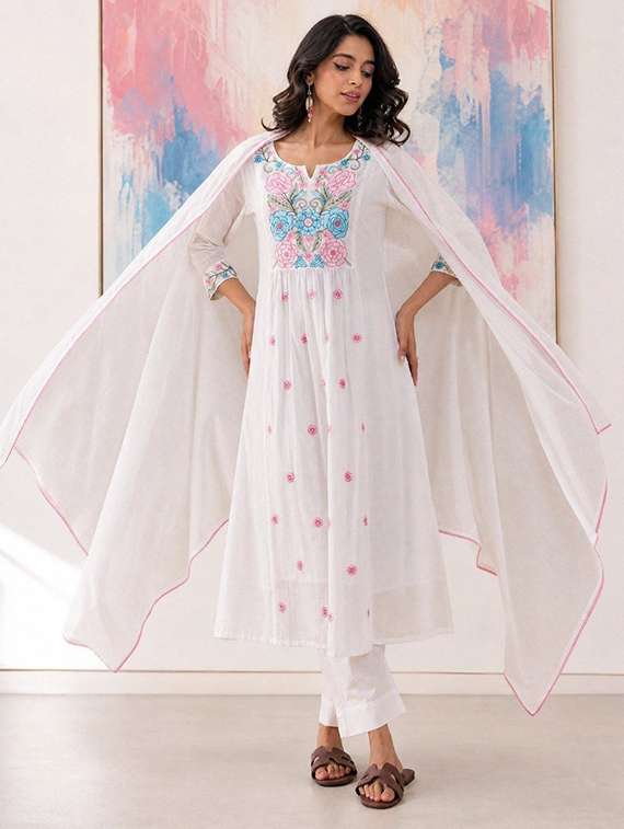 Women Embroidered Three Quarter Sleeves Kurta Pant Set With Dupatta - 22722136 -  Standard Image - 2