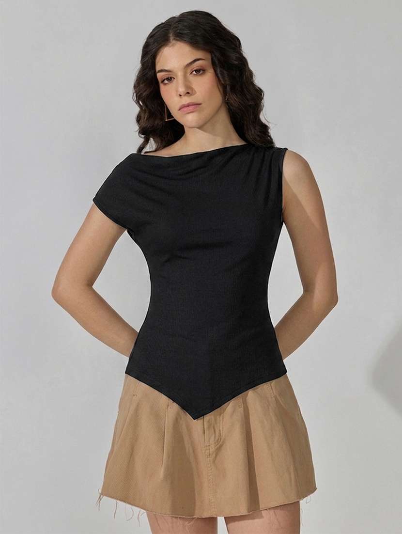Women Solid Short Sleeves Asymmetric Top - 22722752 -  Standard Image - 2