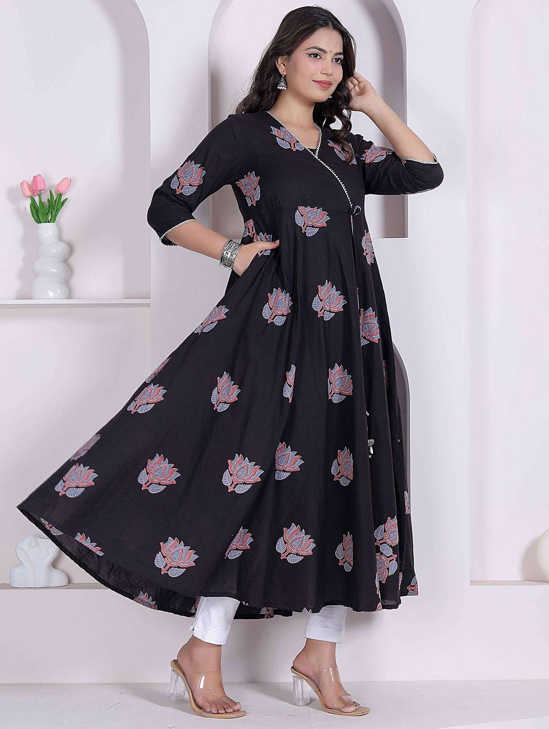 Angrakha Cotton Black Floral Three Quarter Sleeves Kurta - 22722862 -  Standard Image - 2