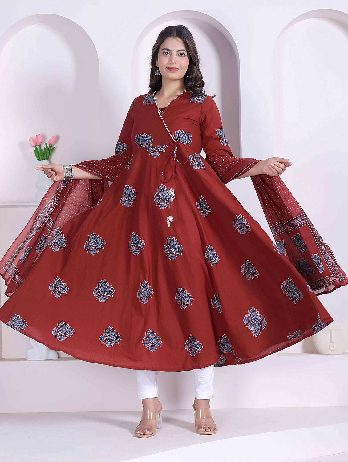 women printed three quarter sleeves angrakha kurta