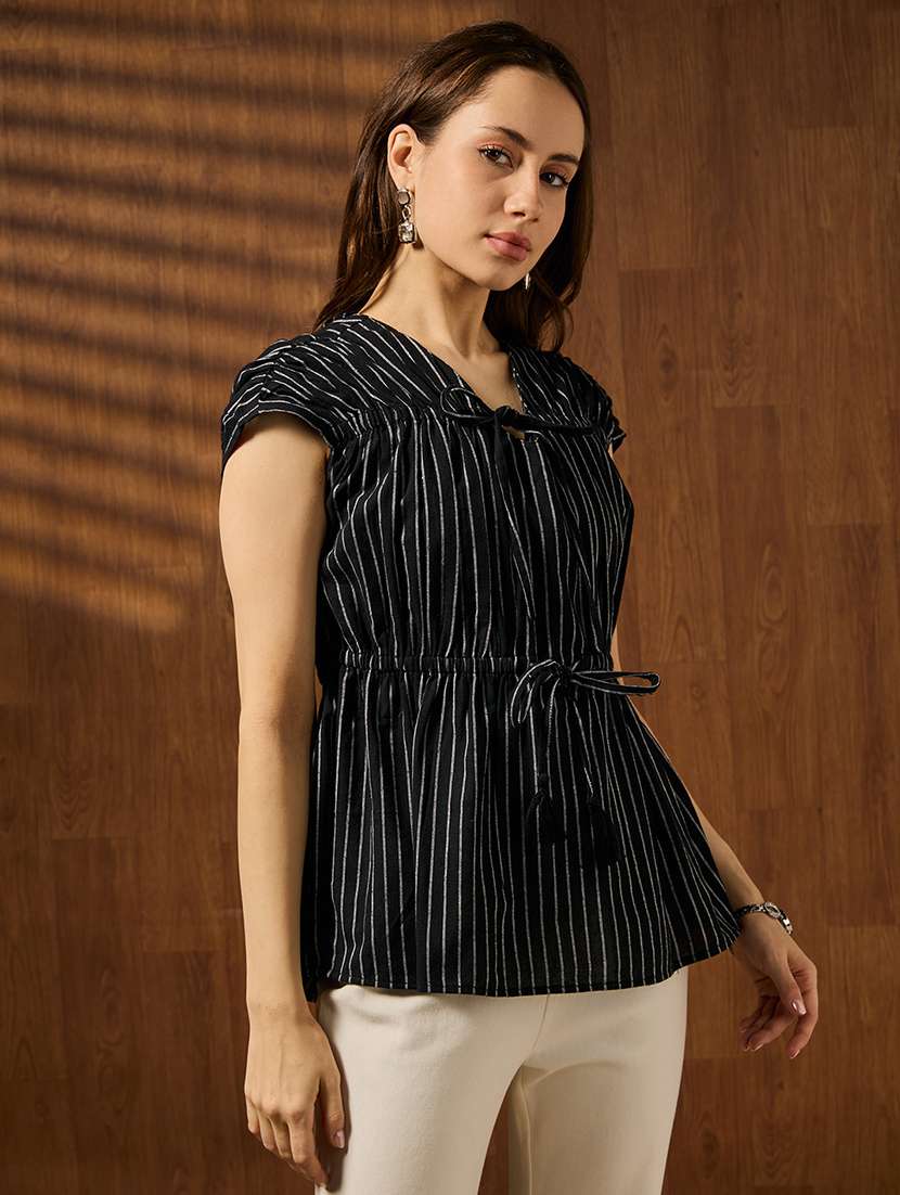 Women Striped Cap Sleeves A-line Top - 22724067 -  Standard Image - 2