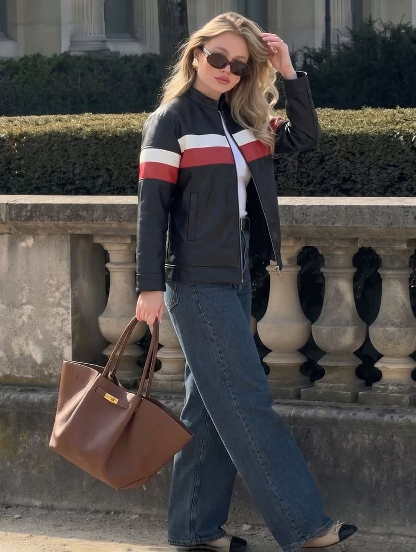 Women Striped Long Sleeves Biker Jacket - 22724788 -  Standard Image - 2
