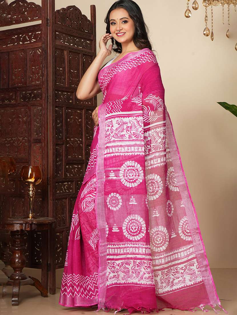 Women Printed Handloom Saree With Blouse - 22724813 -  Standard Image - 2