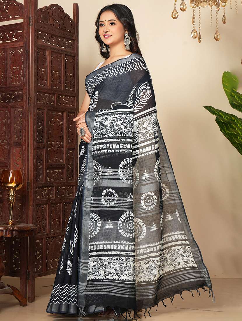 Women Printed Handloom Saree With Blouse - 22724819 -  Standard Image - 2