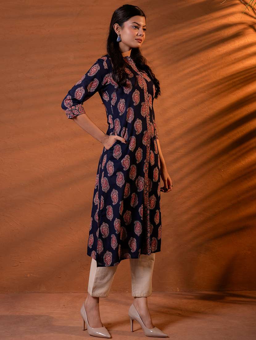 Women Printed Three Quarter Sleeves Straight Kurta - 22724853 -  Standard Image - 2