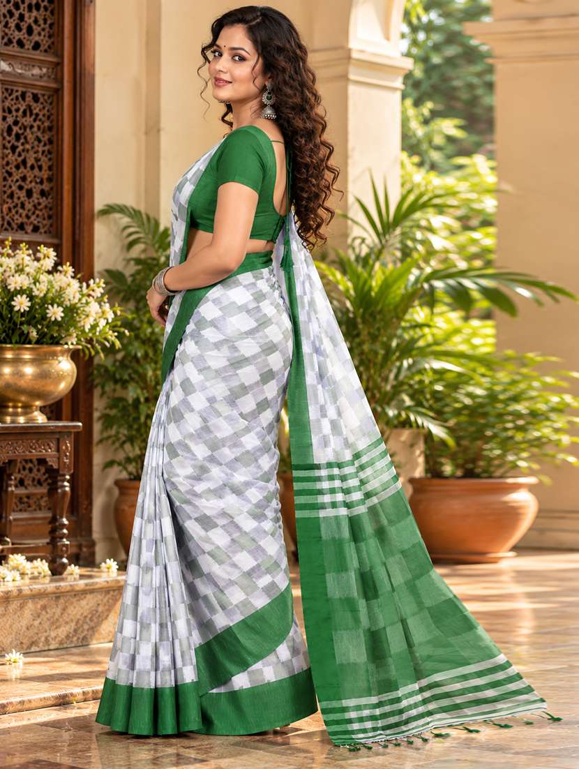 Women Checkered Handloom Saree With Blouse - 22725757 -  Standard Image - 2