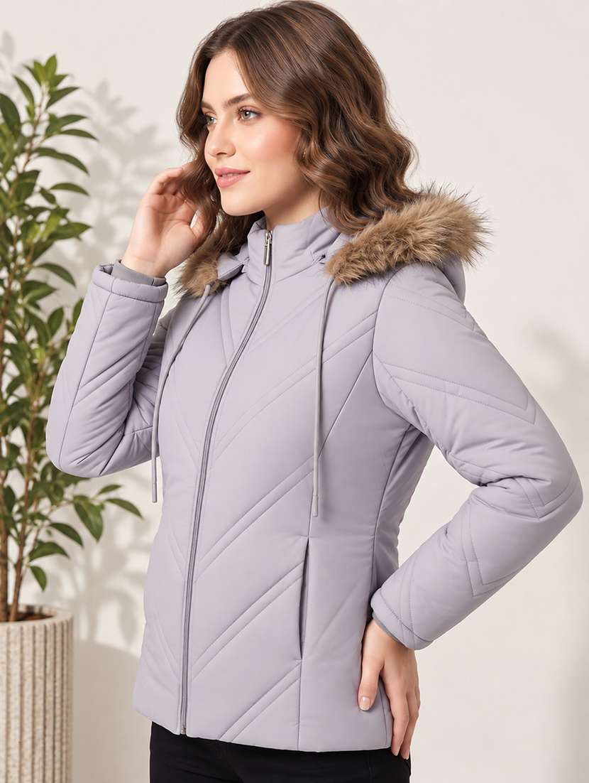 Women Solid Long Sleeves Hooded Puffer Jacket - 22725784 -  Standard Image - 2