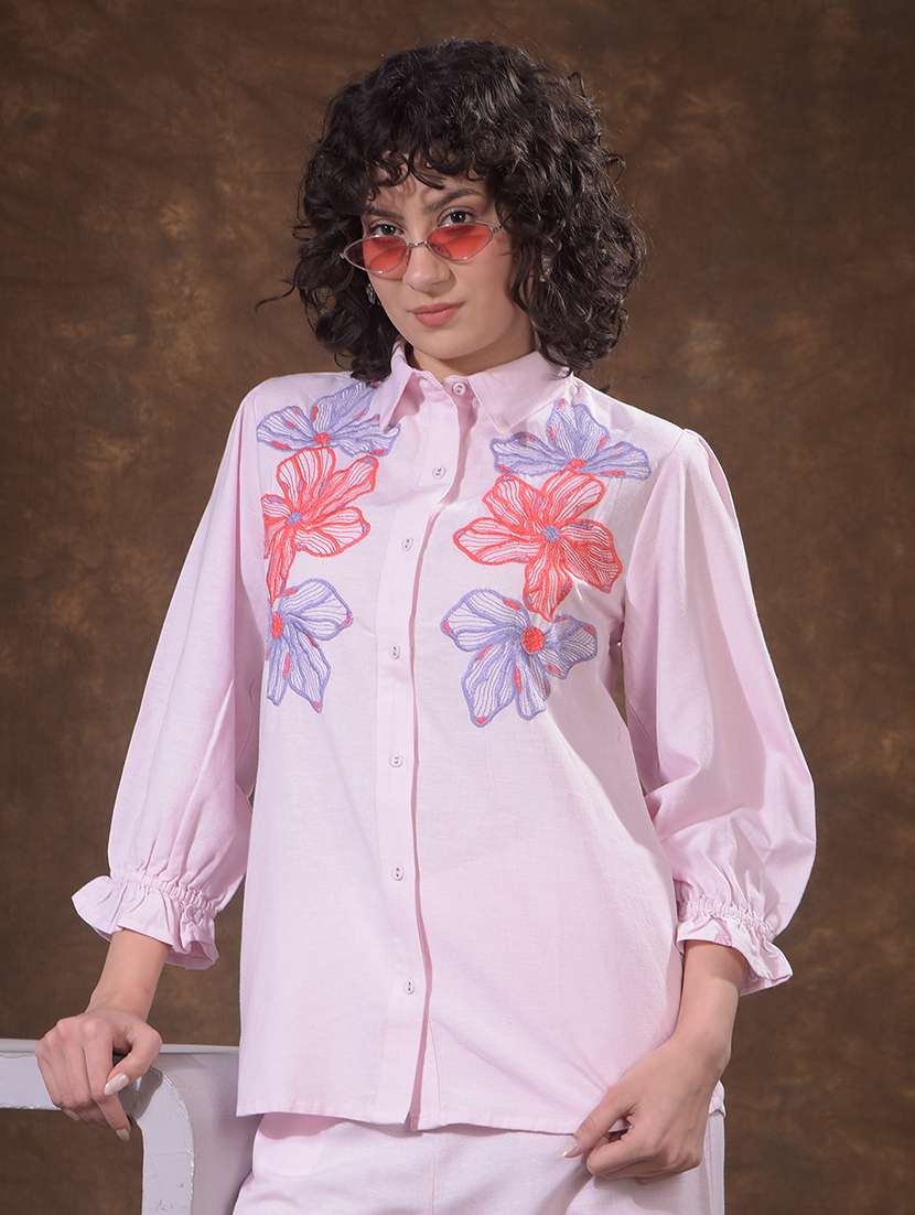 women embroidered three quarter sleeves regular shirt