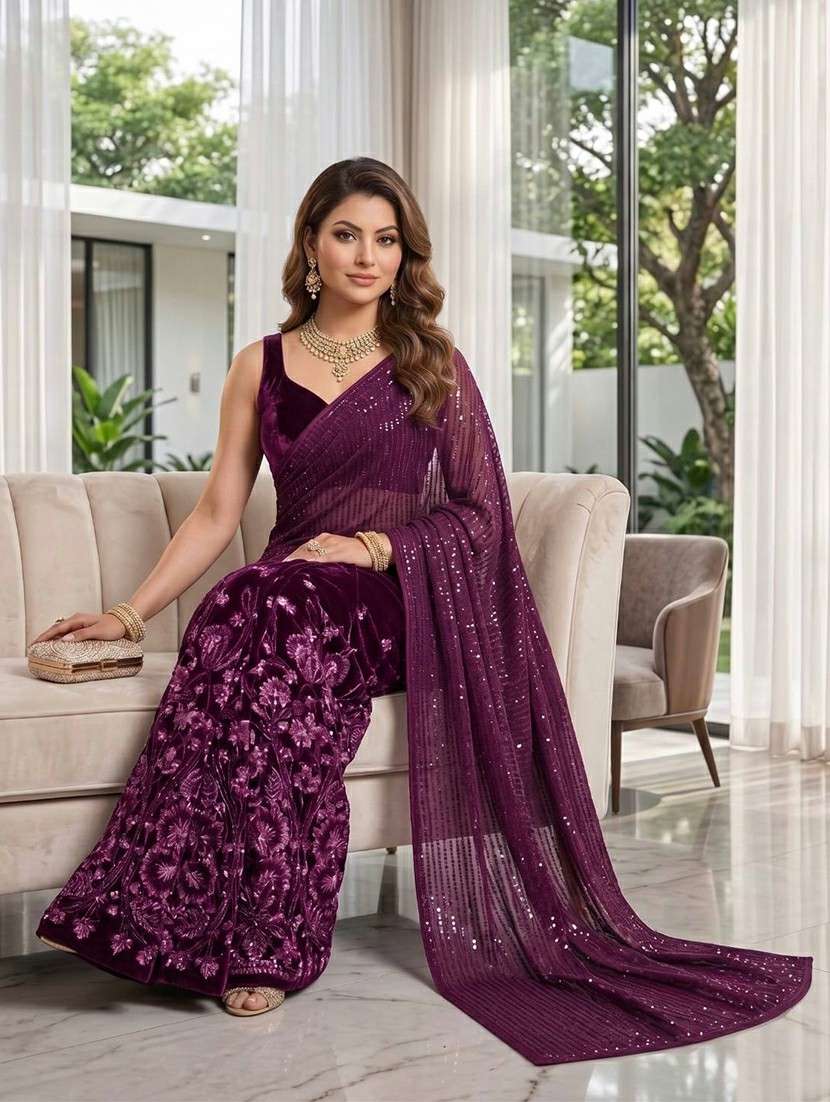 Women Solid With Work Embellished Saree With Blouse - 22727075 -  Standard Image - 2