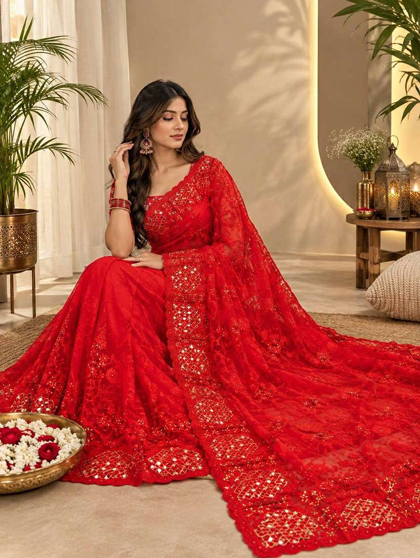 Women Solid With Work Embroidered Saree With Blouse - 22727079 -  Standard Image - 2