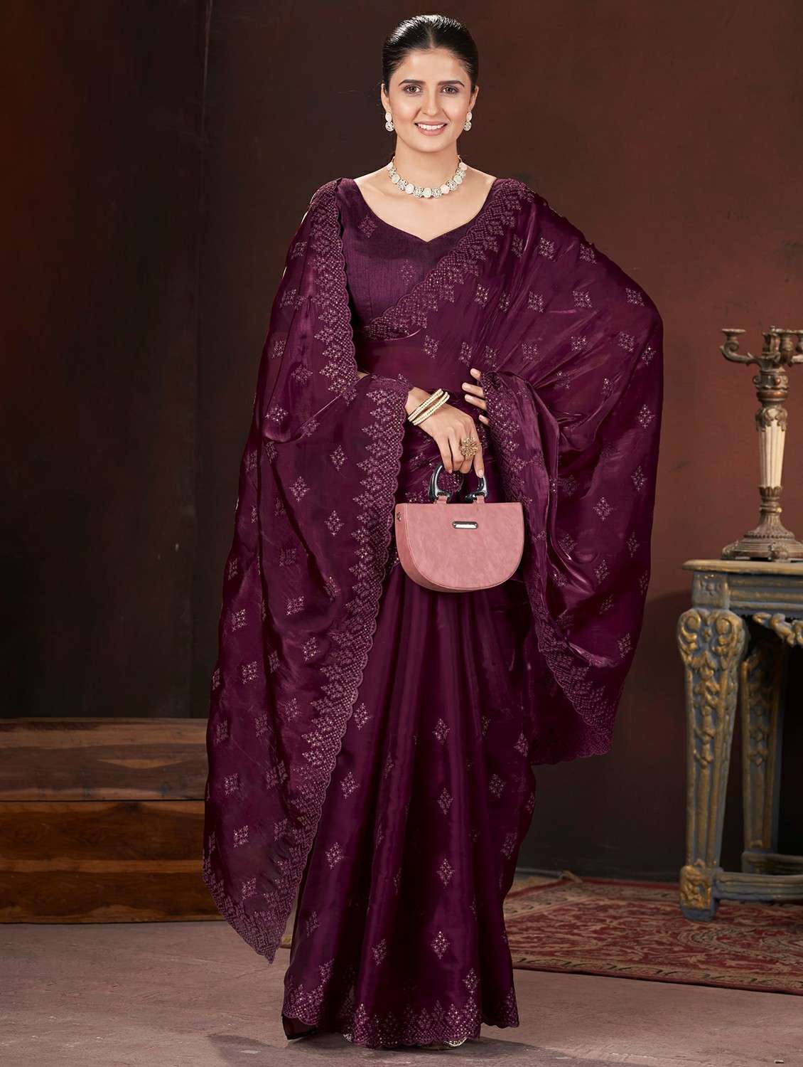 Women Solid With Work Embroidered Saree With Blouse - 22727080 -  Standard Image - 2
