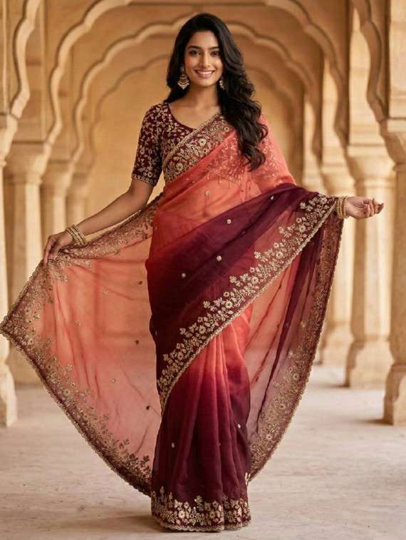 Women Ombre Embroidered Saree With Blouse - 22727081 -  Standard Image - 2