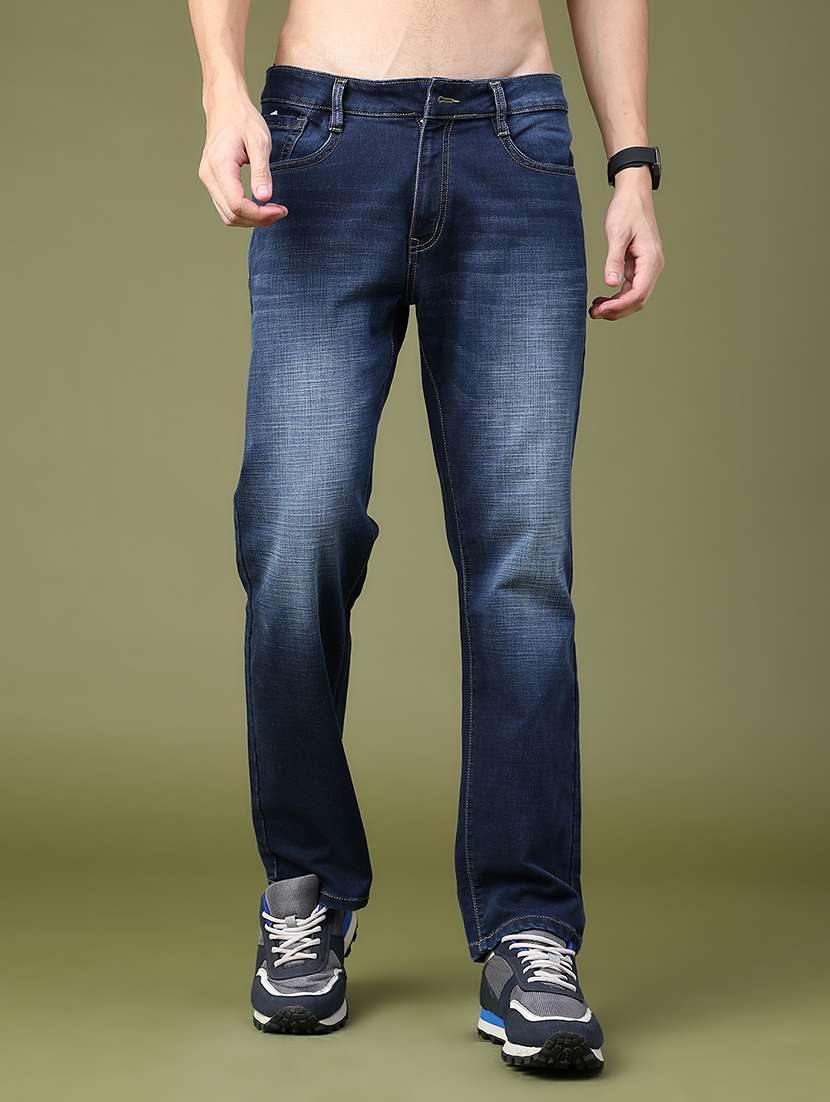 men washed mid rise full length straight jeans