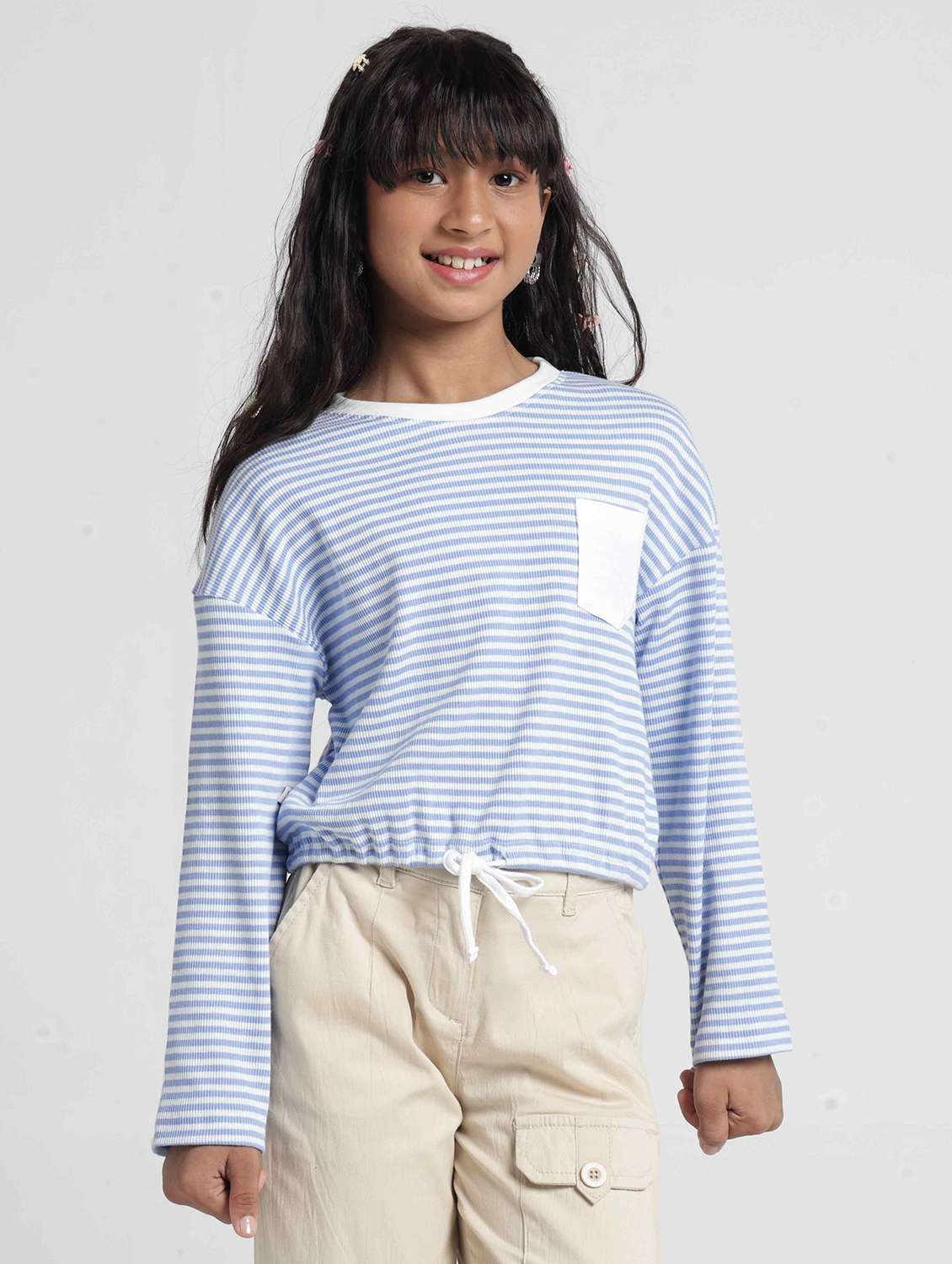 Girls Striped Long Sleeves Regular Fit Tee - 22727293 -  Standard Image - 2