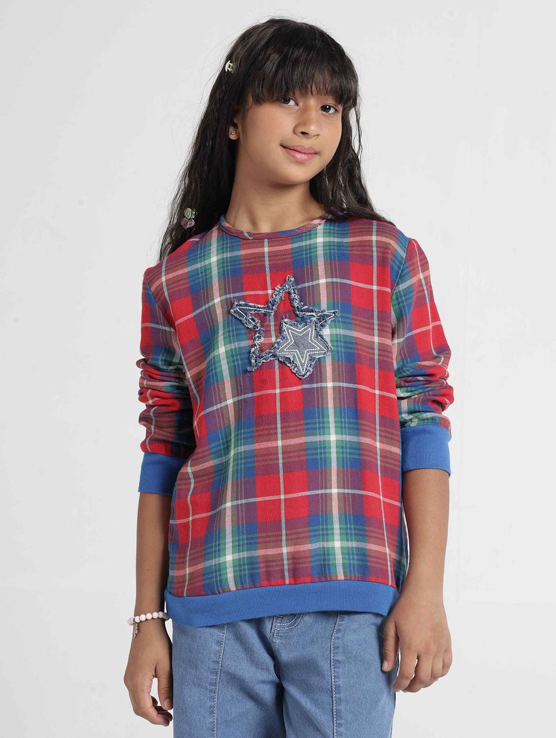 Girls Checkered Long Sleeves Regular Fit Sweatshirt - 22727301 -  Standard Image - 2