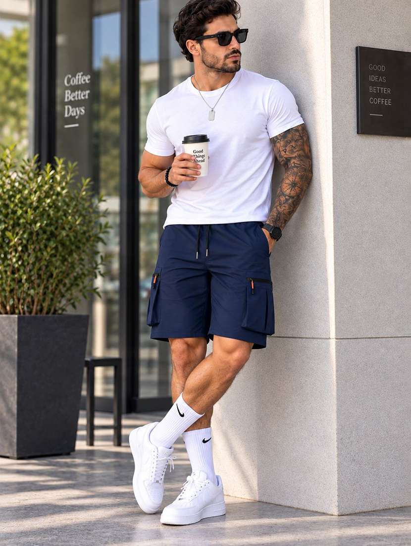 Men Solid Mid Rise Regular Fit Cargo Shorts - 22728609 -  Standard Image - 2