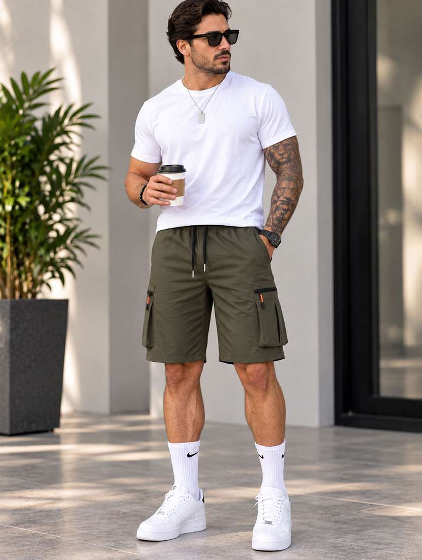 Men Solid Mid Rise Regular Fit Cargo Shorts - 22728613 -  Standard Image - 2