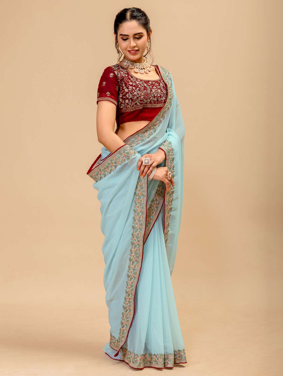 Women Solid With Bordered Saree With Blouse - 22729509 -  Standard Image - 2
