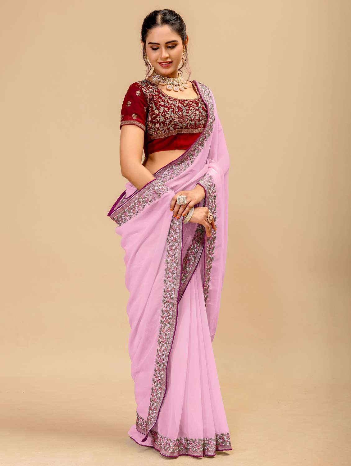Women Solid With Bordered Saree With Blouse - 22729512 -  Standard Image - 2