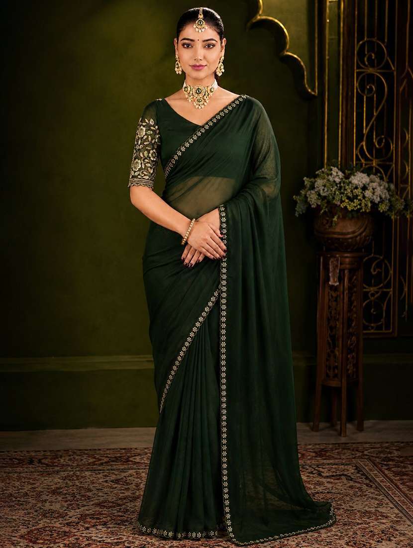 Women Solid With Bordered Saree With Blouse - 22729555 -  Standard Image - 2