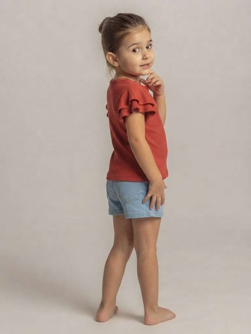 Girls Solid Flutter Sleeves Regular Fit Tee - 22730082 -  Standard Image - 2