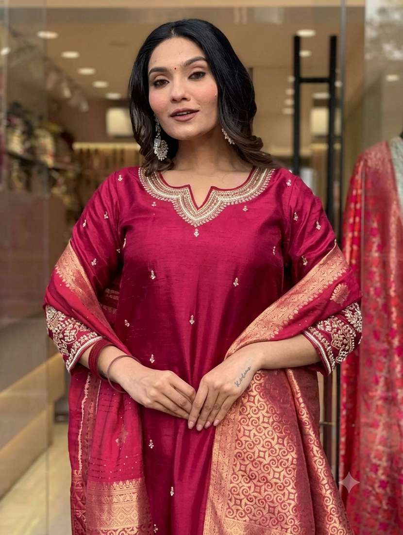 Women Embroidered Three Quarter Sleeves Kurta Pant Set With Dupatta - 22730229 -  Standard Image - 2