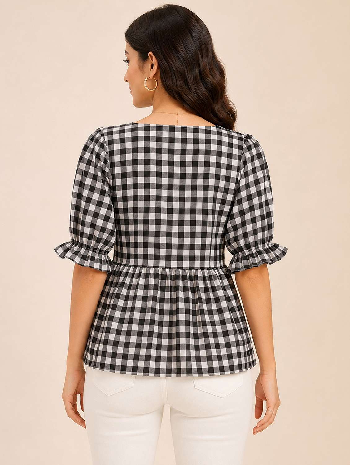 Women Checkered Puff Sleeves Peplum Top - 22730927 -  Standard Image - 2