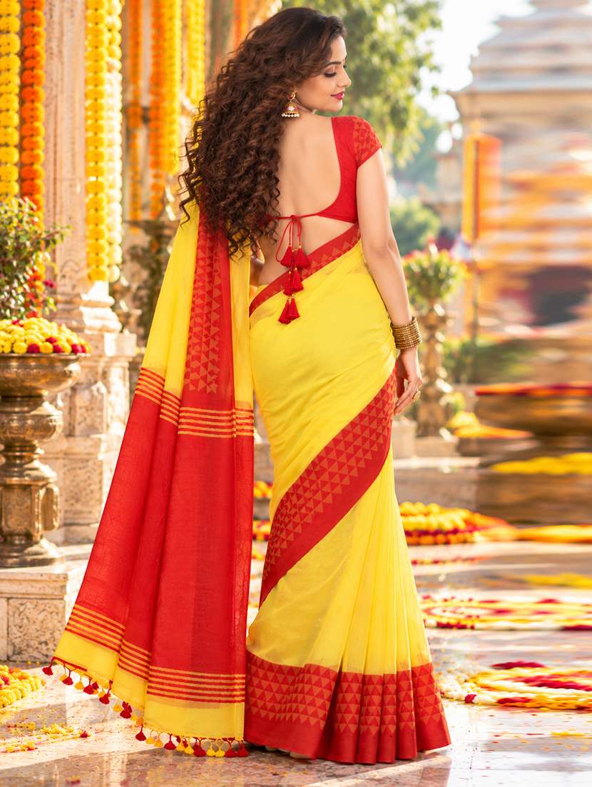 Women Solid With Bordered Handloom Saree With Blouse - 22730928 -  Standard Image - 2