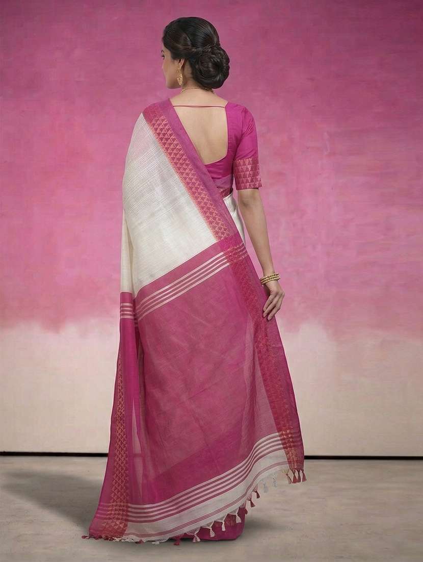 Women Solid With Bordered Handloom Saree With Blouse - 22730932 -  Standard Image - 2
