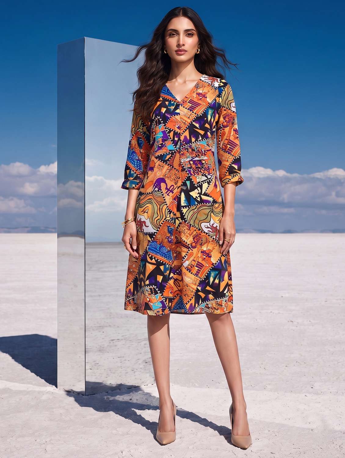 Women Printed Three Quarter Sleeves A-line Dress - 22731485 -  Standard Image - 2