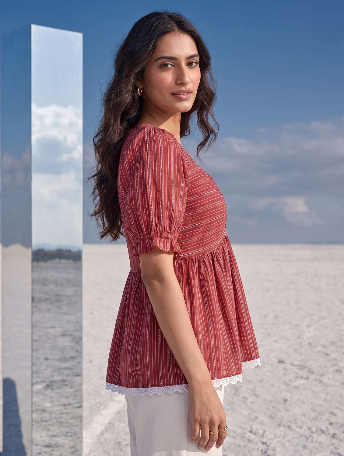 Women Striped Puff Sleeves Peplum Top - 22731514 -  Standard Image - 2