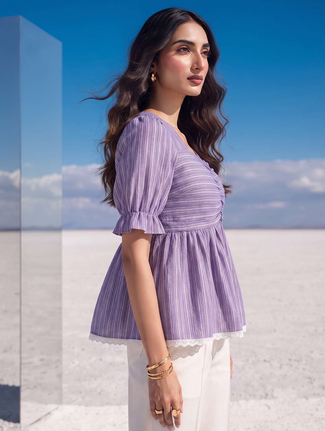 Women Striped Puff Sleeves Peplum Top - 22731515 -  Standard Image - 2