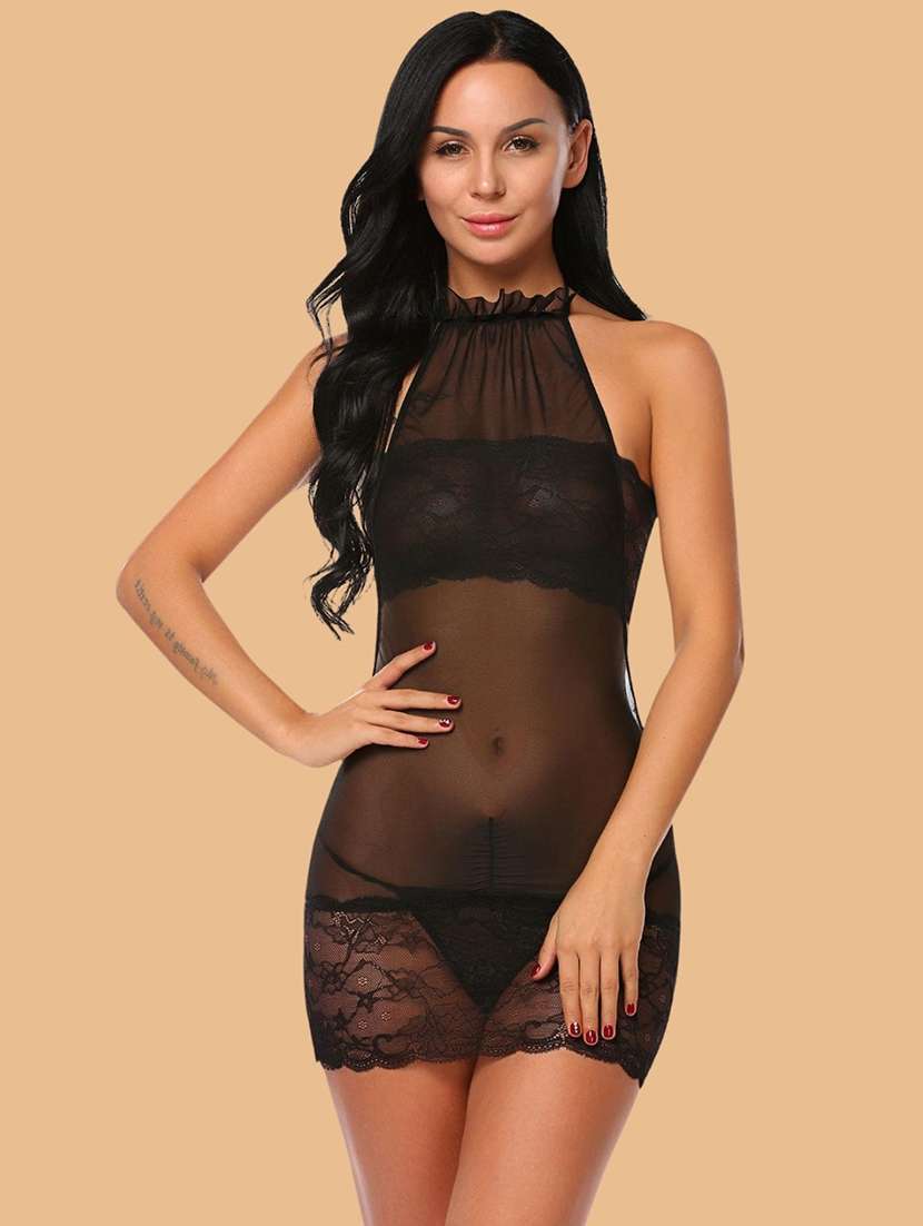 Women Self Design Halter Neck Babydoll Set - 22731786 -  Standard Image - 2
