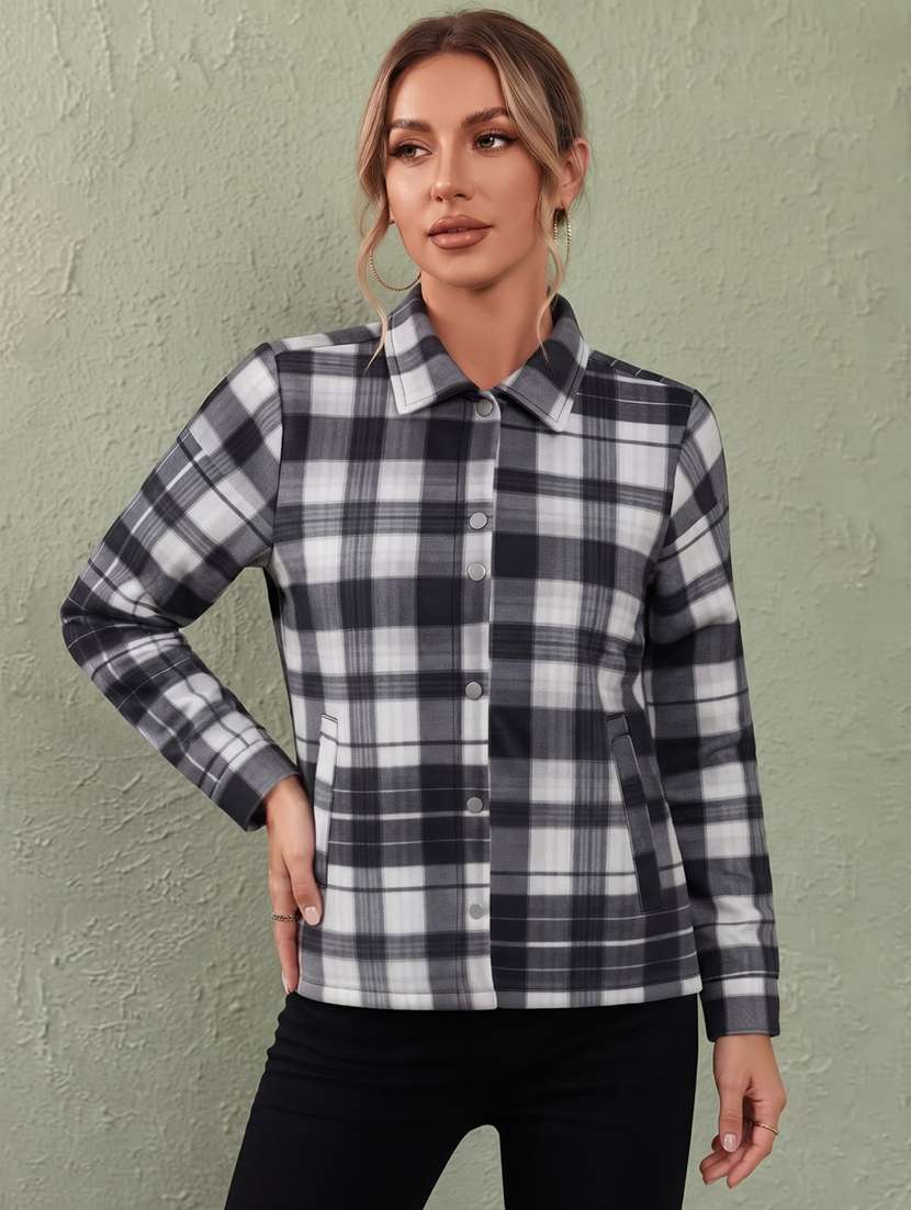women checkered long sleeve regular fit shacket
