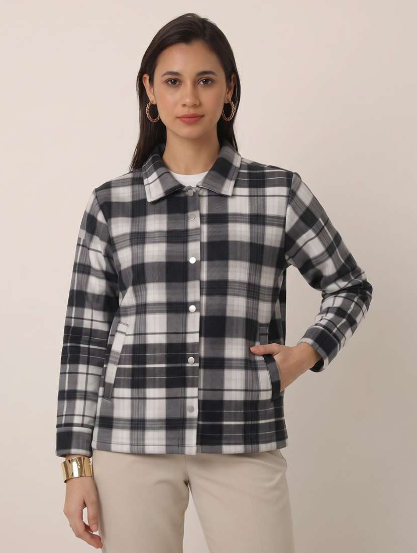women checkered long sleeve regular fit shacket