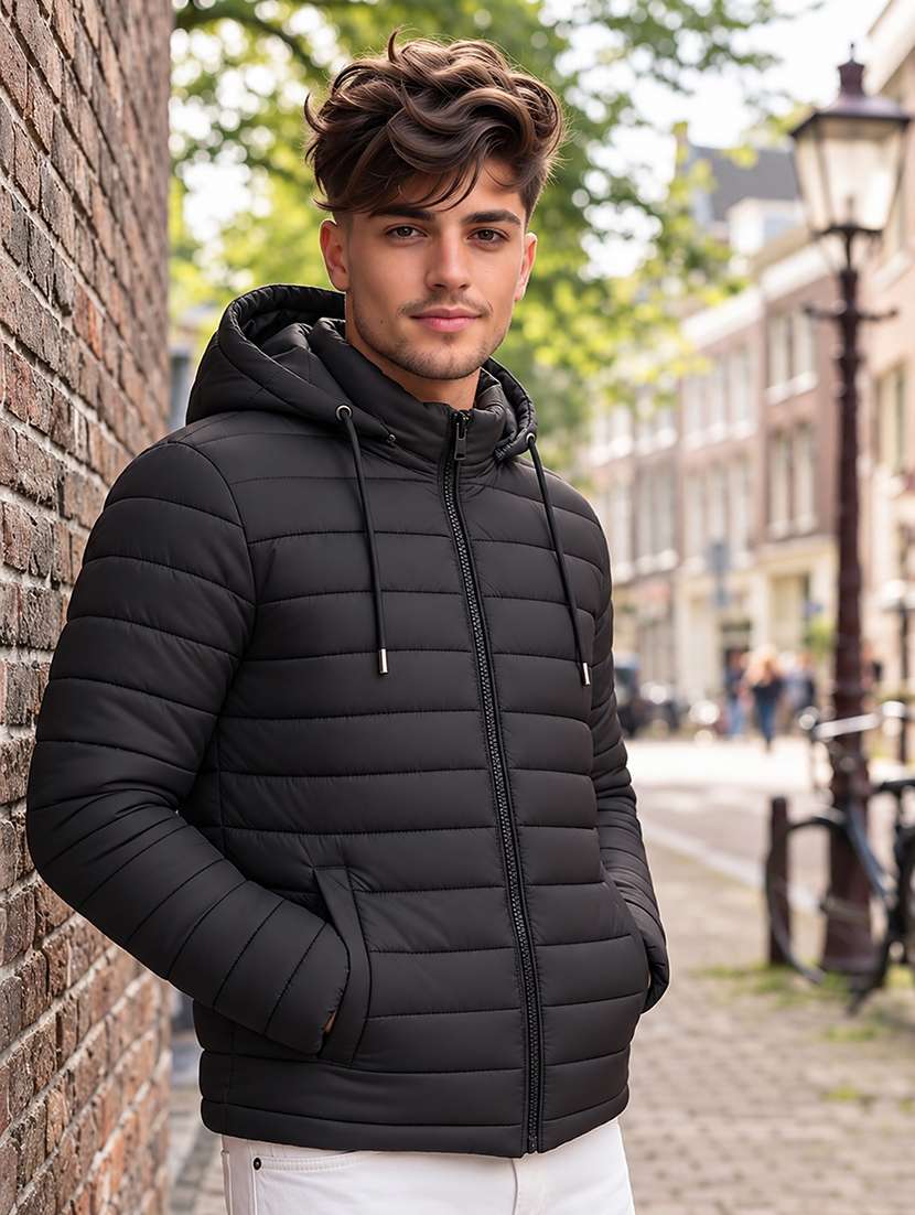 men solid long sleeve puffer jacket