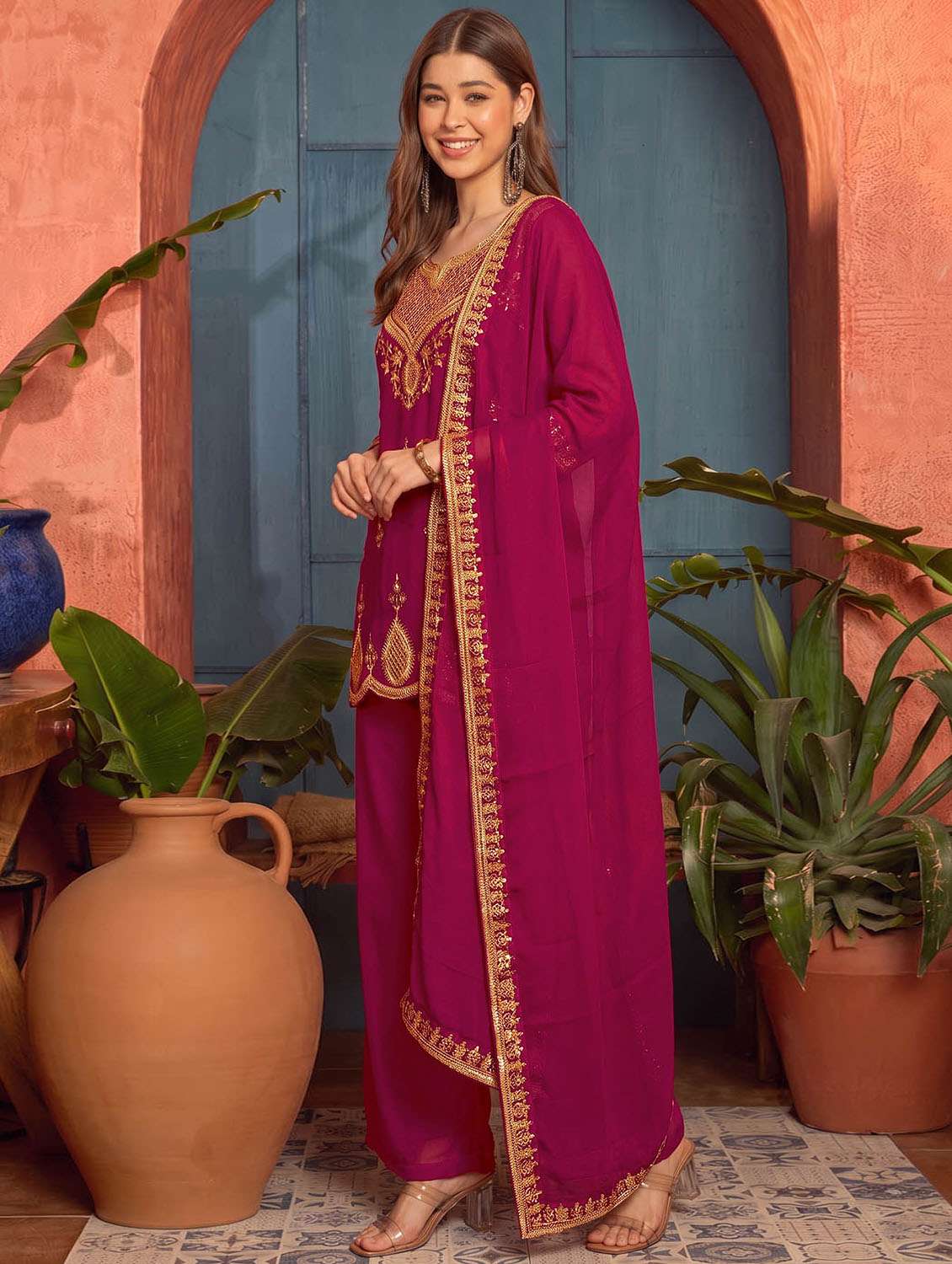 Women Embroidered Three Quarter Sleeves Kurta Palazzo With Dupatta Set - 22737508 -  Standard Image - 2