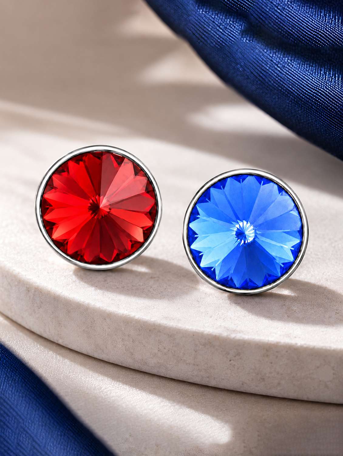 mahi combo of royal blue and red round solitaire cubic zirconia (cz) single stud earring for men