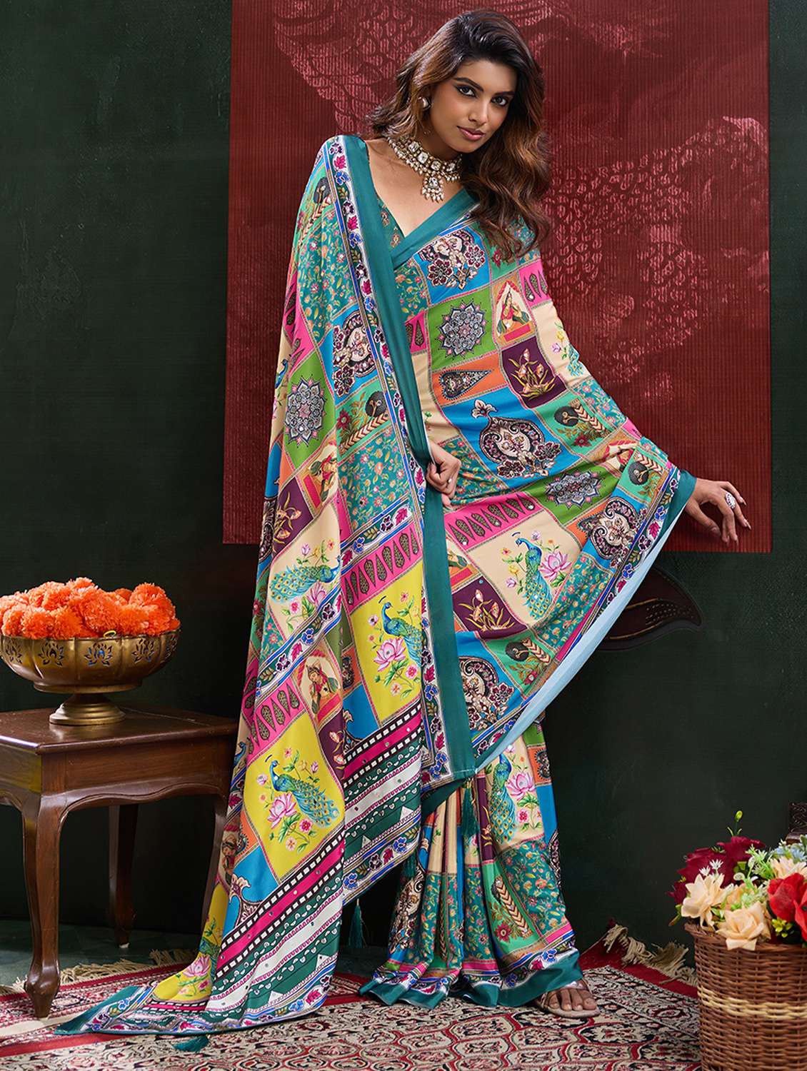 Women Printed Mirror Work Saree With Blouse - 22738040 -  Standard Image - 2