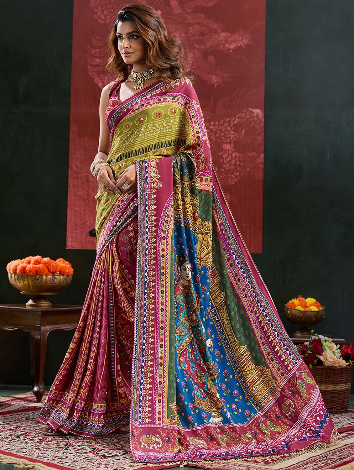 Women Printed Mirror Work Saree With Blouse - 22738041 -  Standard Image - 2