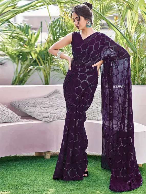 Women Solid With Work Embellished Saree With Blouse - 22738576 -  Standard Image - 2