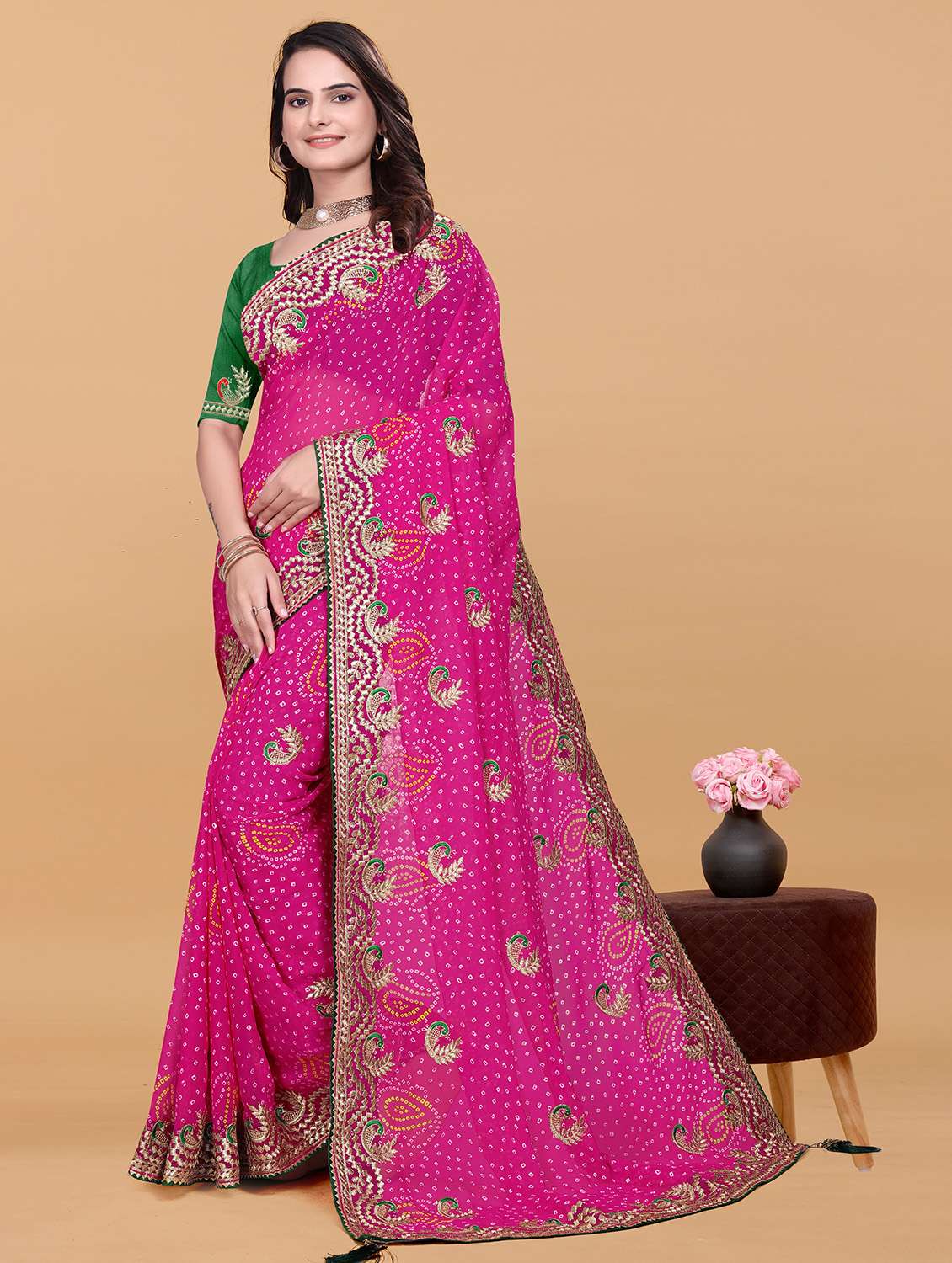 Women Bandhani Printed Saree With Blouse - 22738590 -  Standard Image - 2